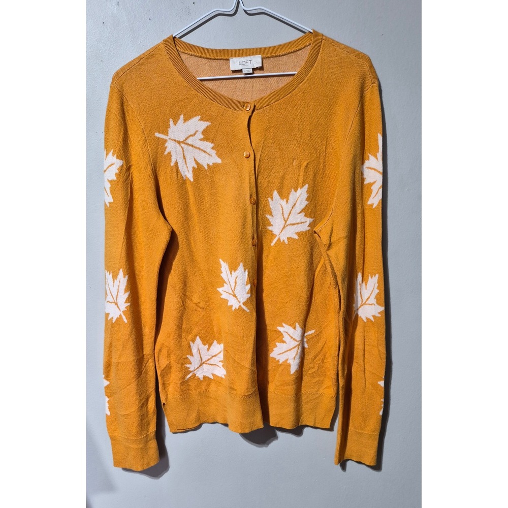 Loft Outlet Mustard Yellow Maple Leaf Cotton Cardigan Sweater Womens Large